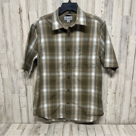 Carhartt Shirt Mens M Brown Red Plaid Button Up Short Sleeve Relaxed Cotton - Picture 1 of 5